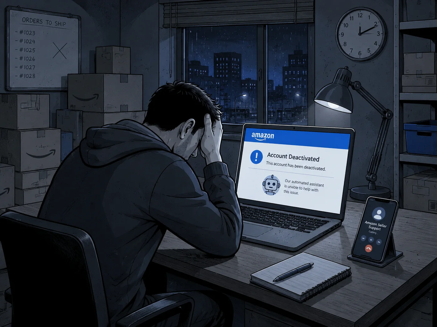 A seller with their head in their hands next to a laptop showing an Amazon account deactivation notice