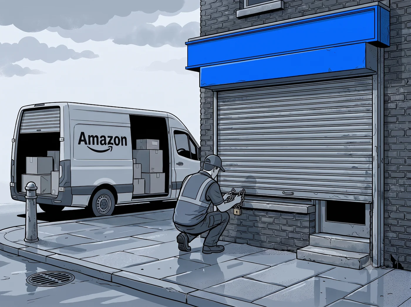 A shopfront being padlocked shut while an Amazon delivery van waits outside